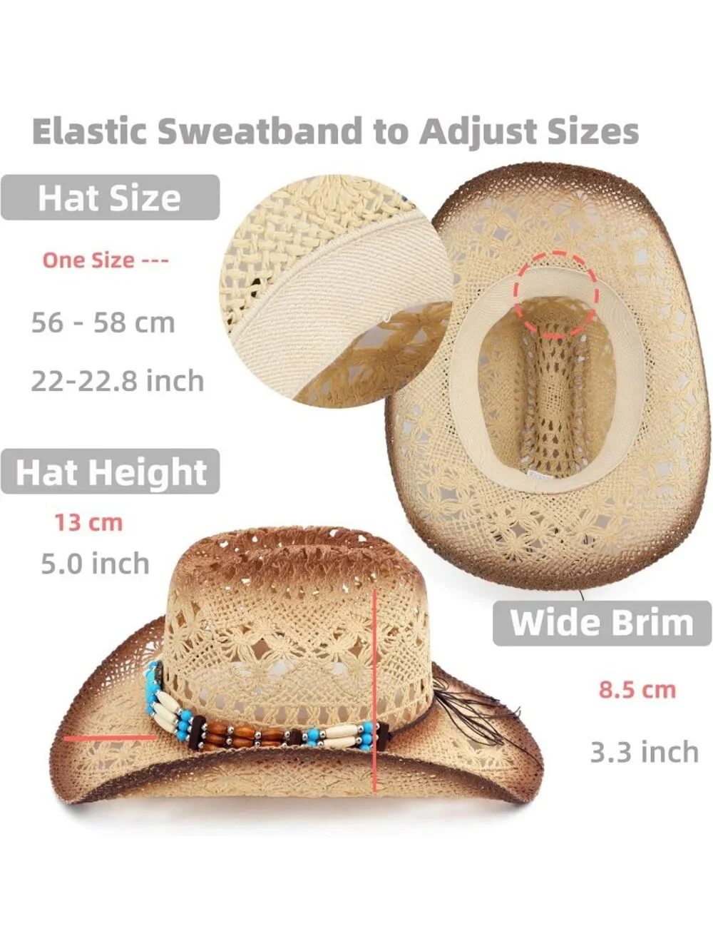 Men's Khaki-m29 Straw Adjustable Wide Brim Sun Beach Western Cowgirl Cowboy Hat
